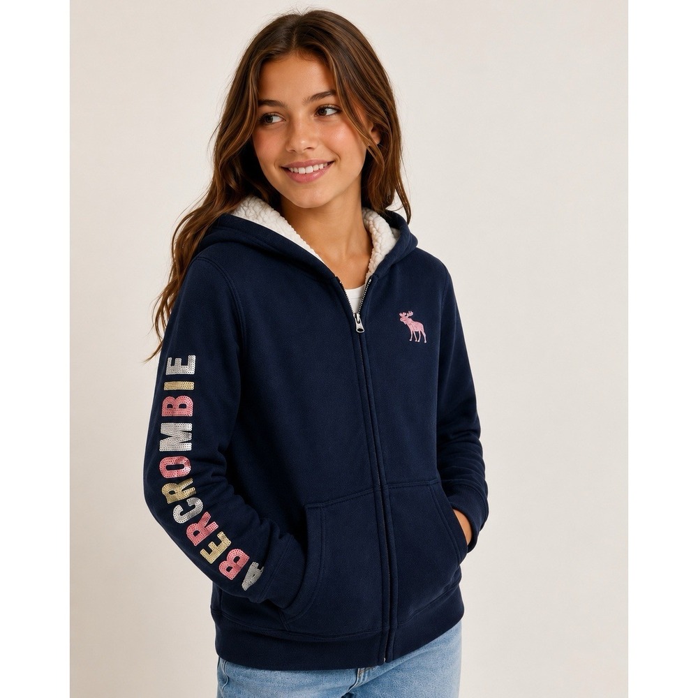 Abercrombie Kids Sherpa Lined Hoodie Jacket Girls 15/16 Navy Sequin Zip Up